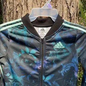 NWT Adidas Green Print Floral Athletic Active Track Zip Up Jacket Girls L  (14)